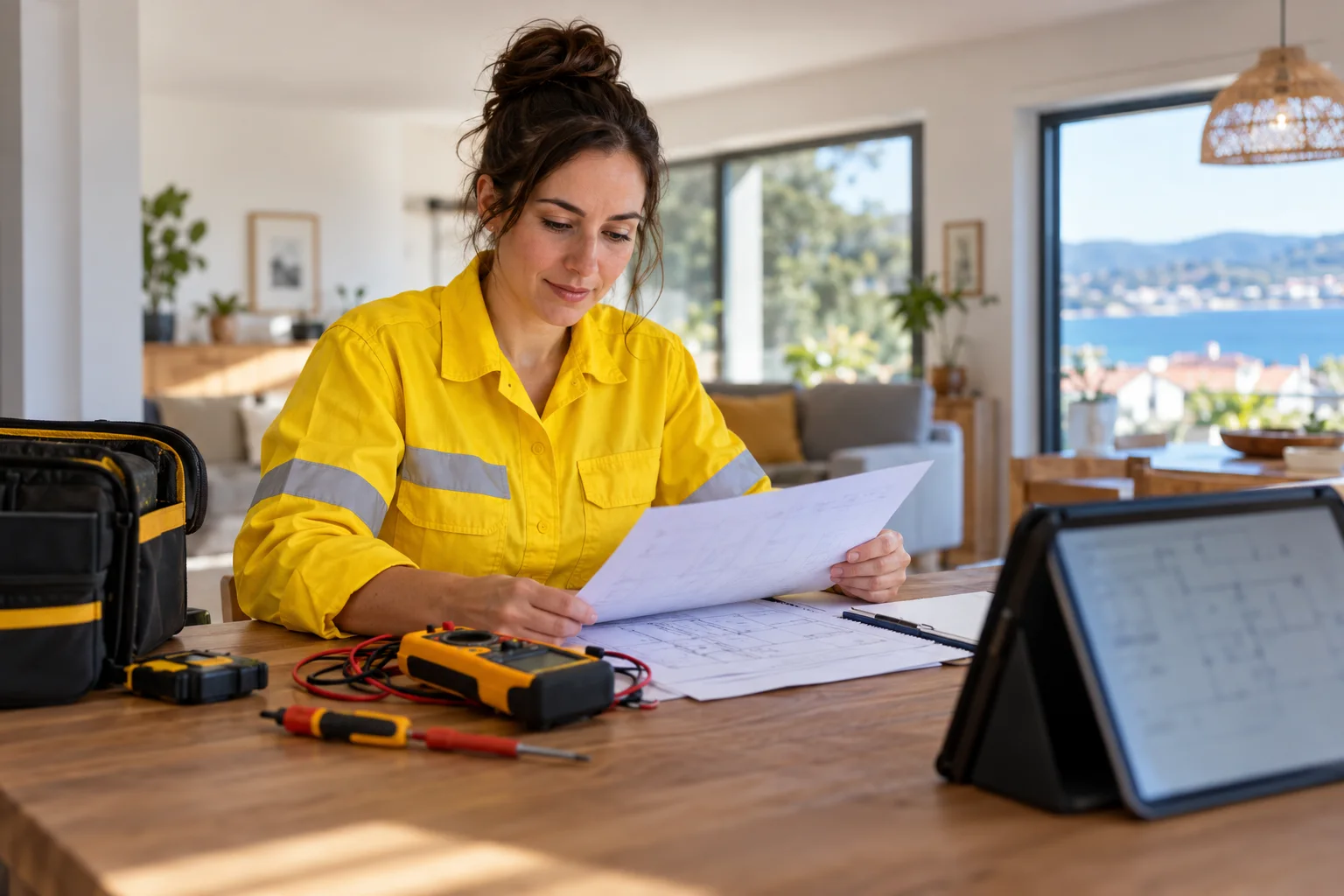 Profesional con uniforme amarillo: boletines eléctricos
