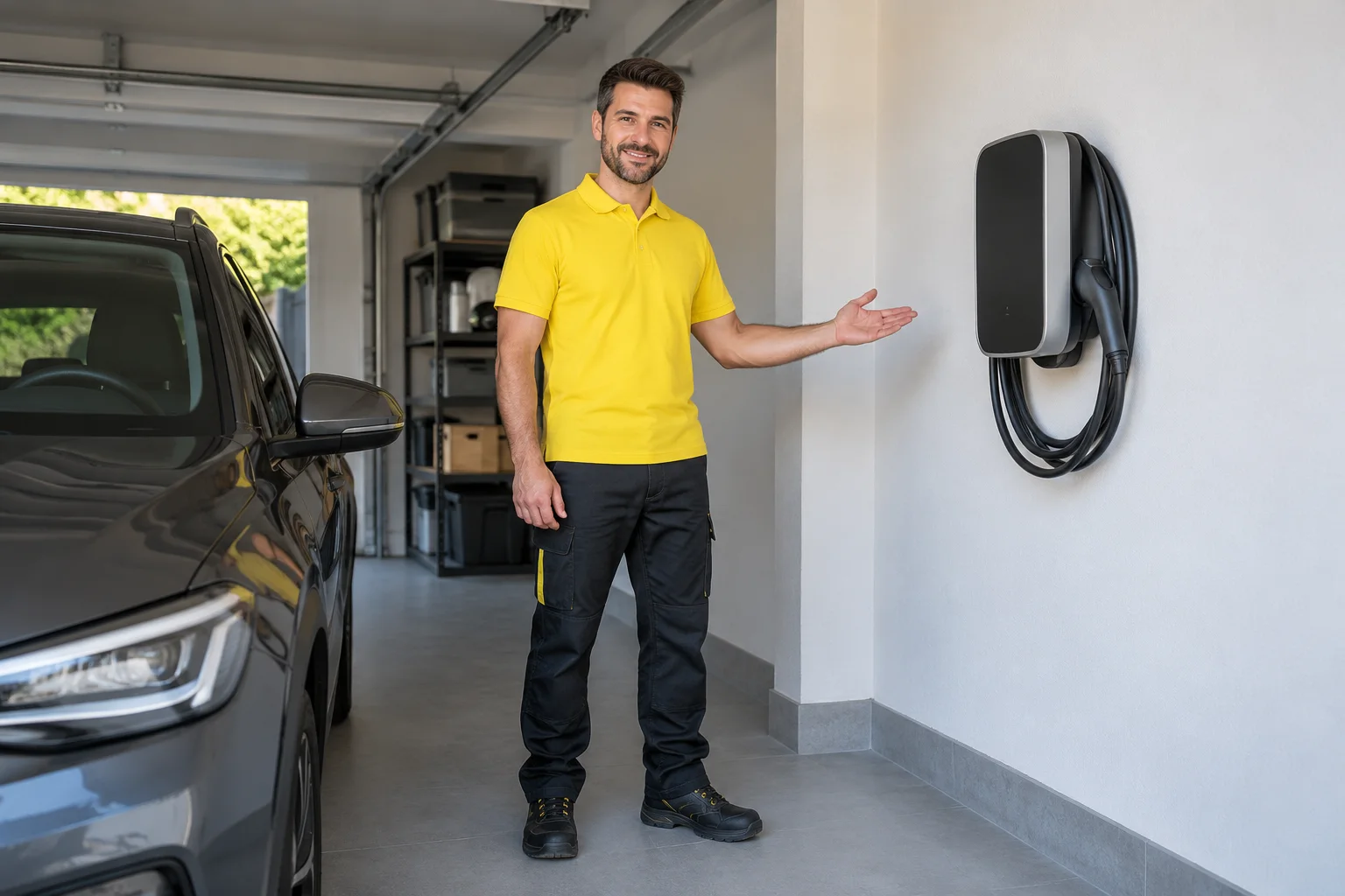 Profesional con uniforme amarillo: cargadores de vehículos eléctricos