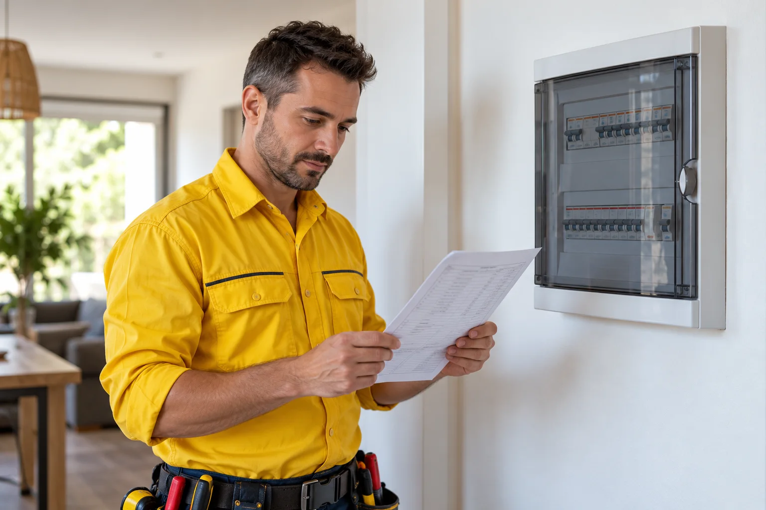 Profesional con uniforme amarillo: cuadros eléctricos