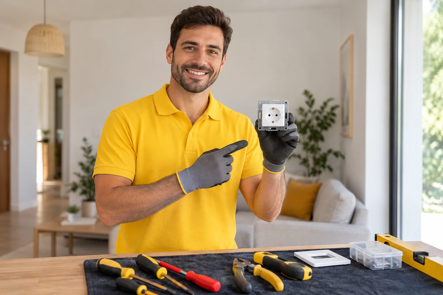 Profesional con uniforme amarillo: enchufes e interruptores