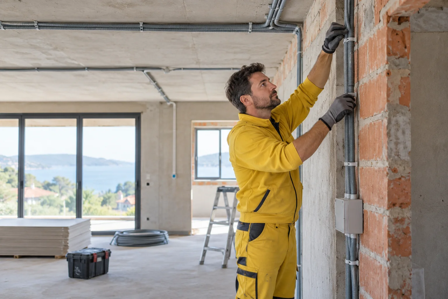 Profesional con uniforme amarillo: instalaciones eléctricas