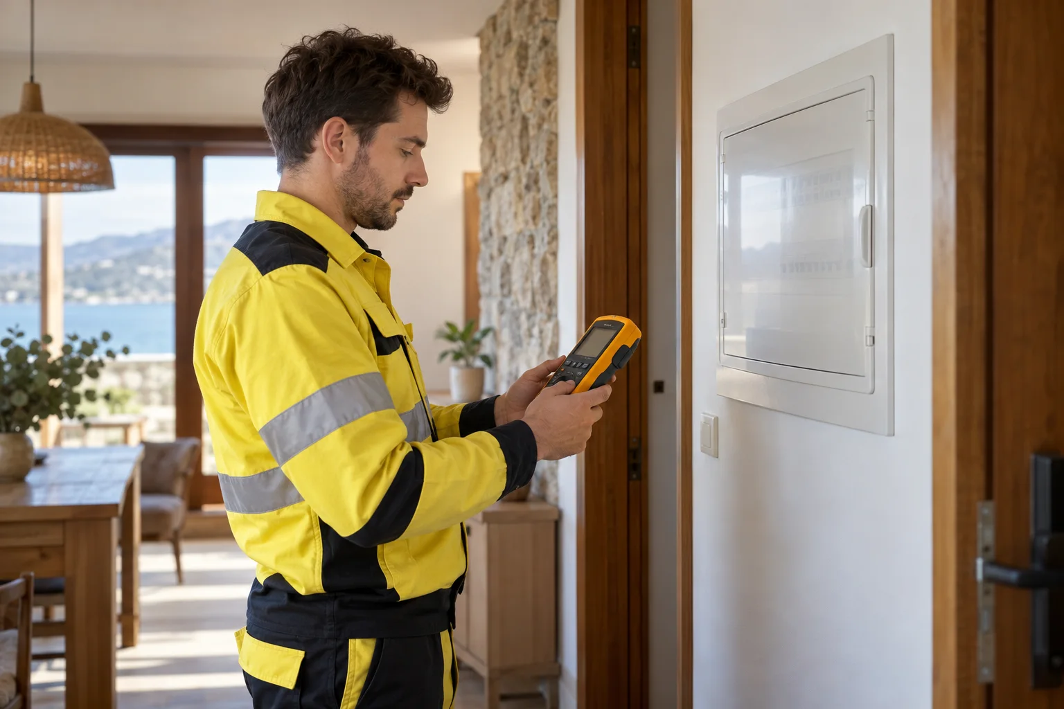Profesional con uniforme amarillo: localización de fallos