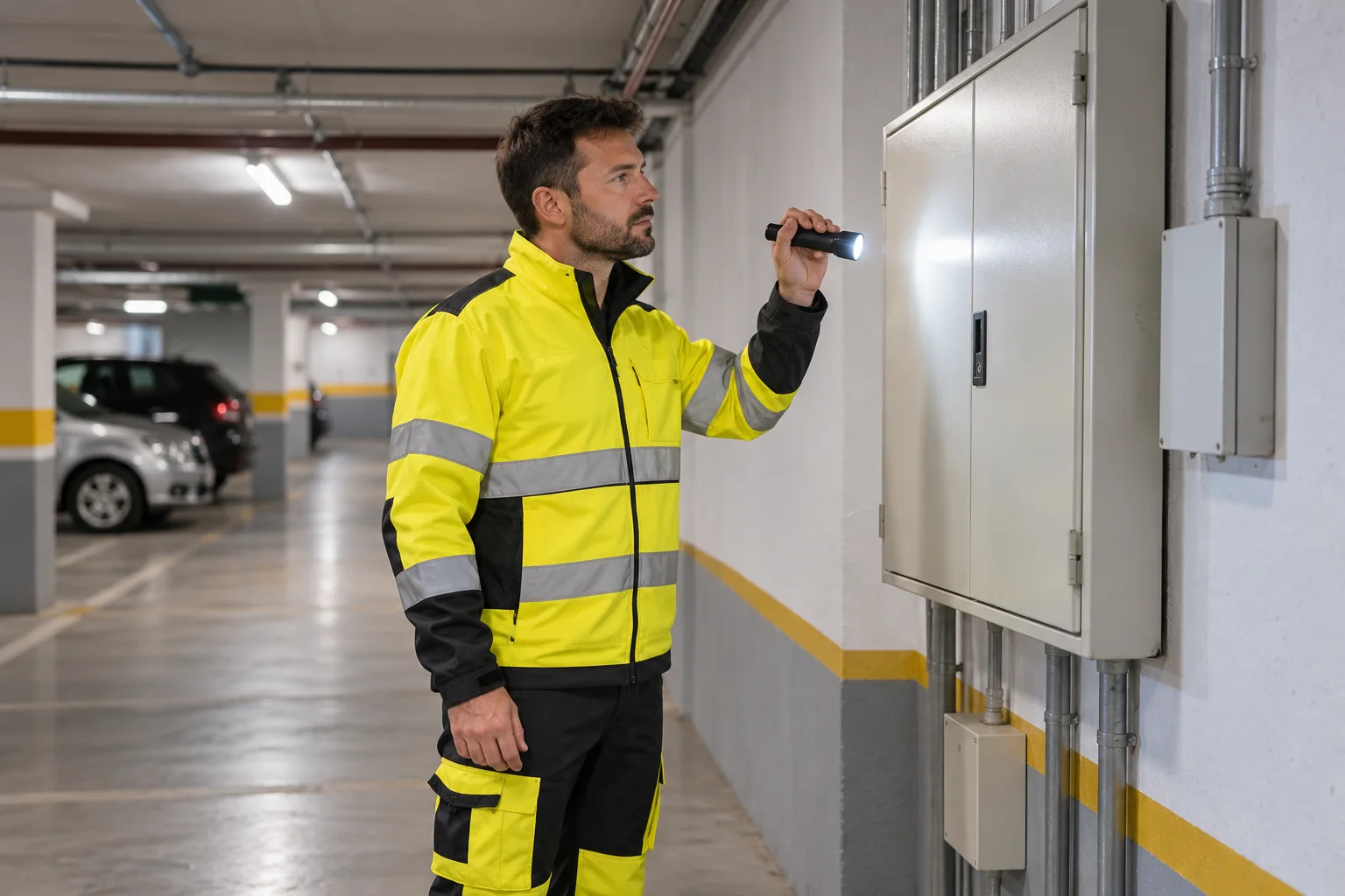 Profesional con uniforme amarillo: mantenimiento eléctrico